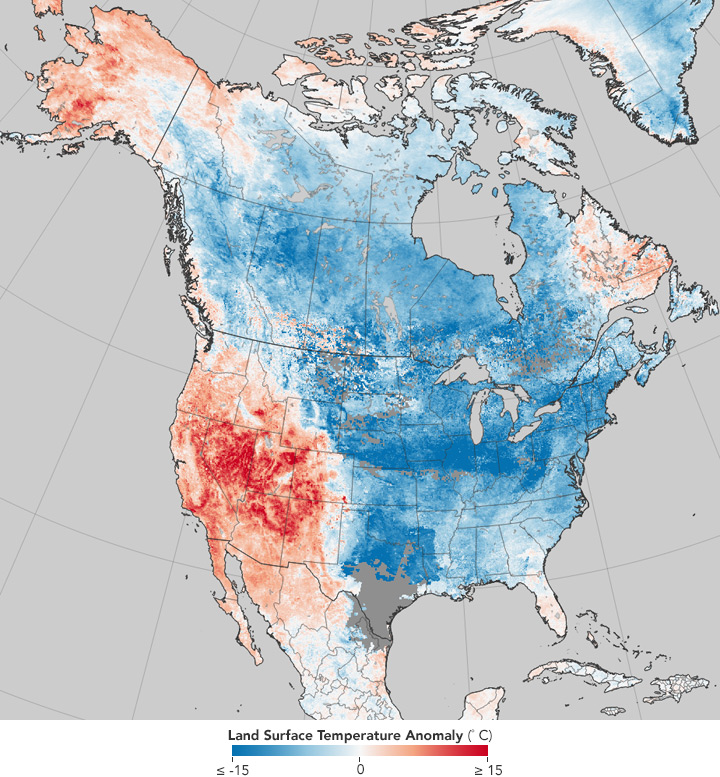 Mapa teplotních odchylek NASA Earth Observatory ukazuje, jak vytrvalá cirkulace vytváří při extrémním zimním vzoru výrazné regionální kontrasty. Kredit: NASA Earth Observatory/Joshua Stevens, data GEOS-5 z NASA GSFC, public domain