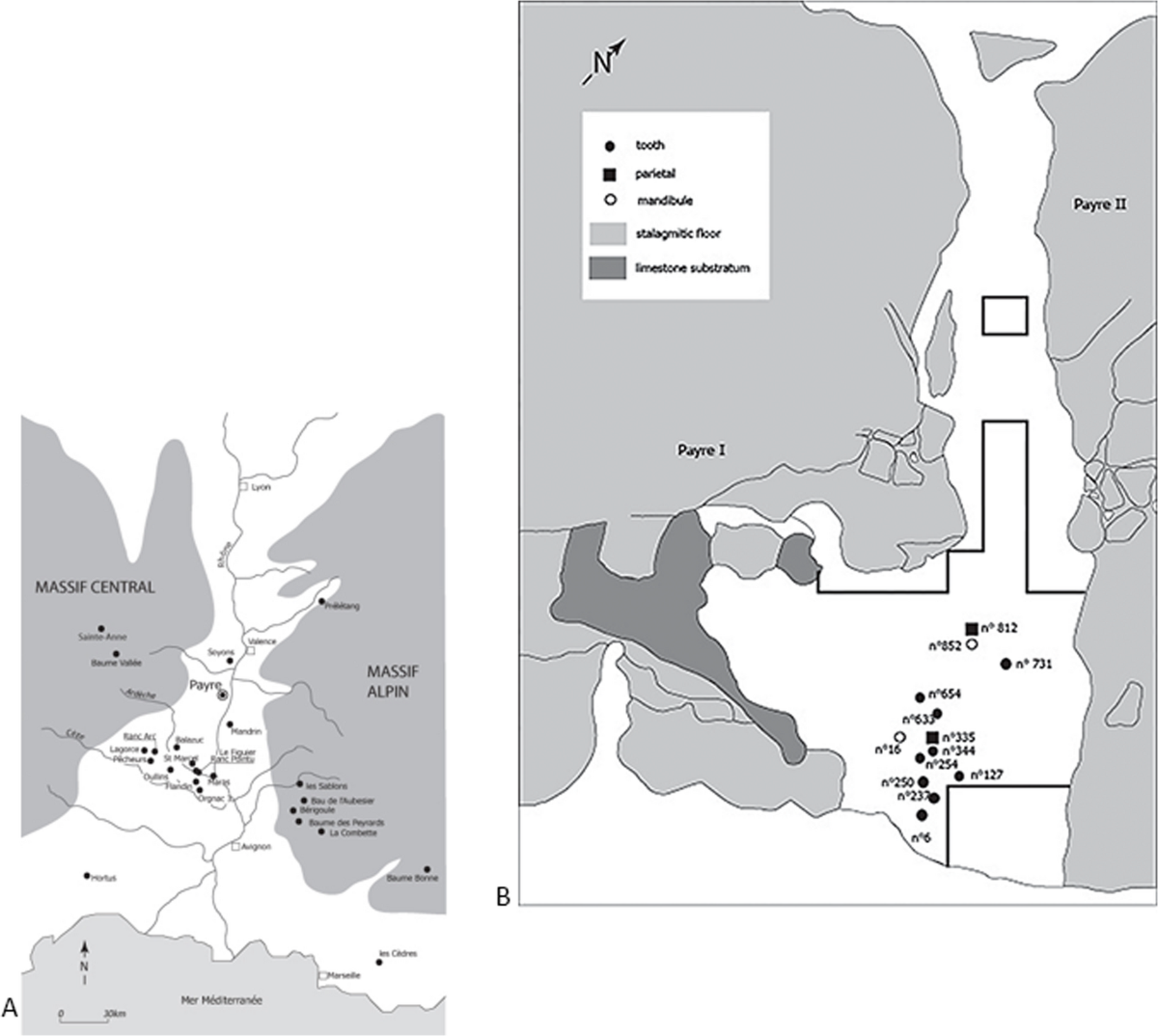 Payre ve Francii a rozmístění lidských zubních nálezů — studie zasazuje každý zub do plánku lokality a stratigrafického kontextu. Kredit: Martín-Francés et al., Archaeological and Anthropological Sciences, CC BY 4.0