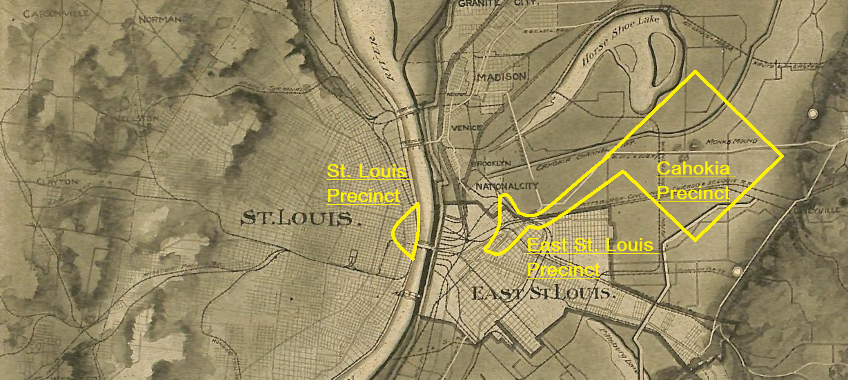 Mapa širší Cahokie zasazuje slavné mohyly do větší městské a regionální krajiny, ne do izolované památky. Kredit: mapa odvozená od Harlanda Bartholomewa, public domain via Wikimedia Commons