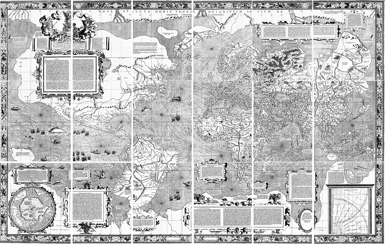 Světová mapa Gerarda Mercatora z roku 1569 nabídla projekci užitečnou pro navigaci a zároveň připomíná, že každá projekce některé části Země zkresluje. Kredit: Wikimedia Commons, public domain
