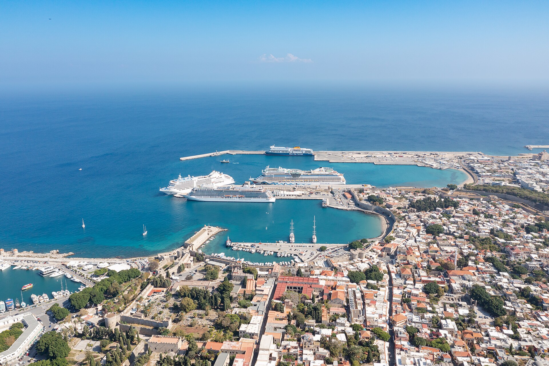 Aerial view of the Tourist Harbor near Rhodes Old Town, Greece (51698568071). Photo: dronepicr, Wikimedia Commons, CC BY 2.0