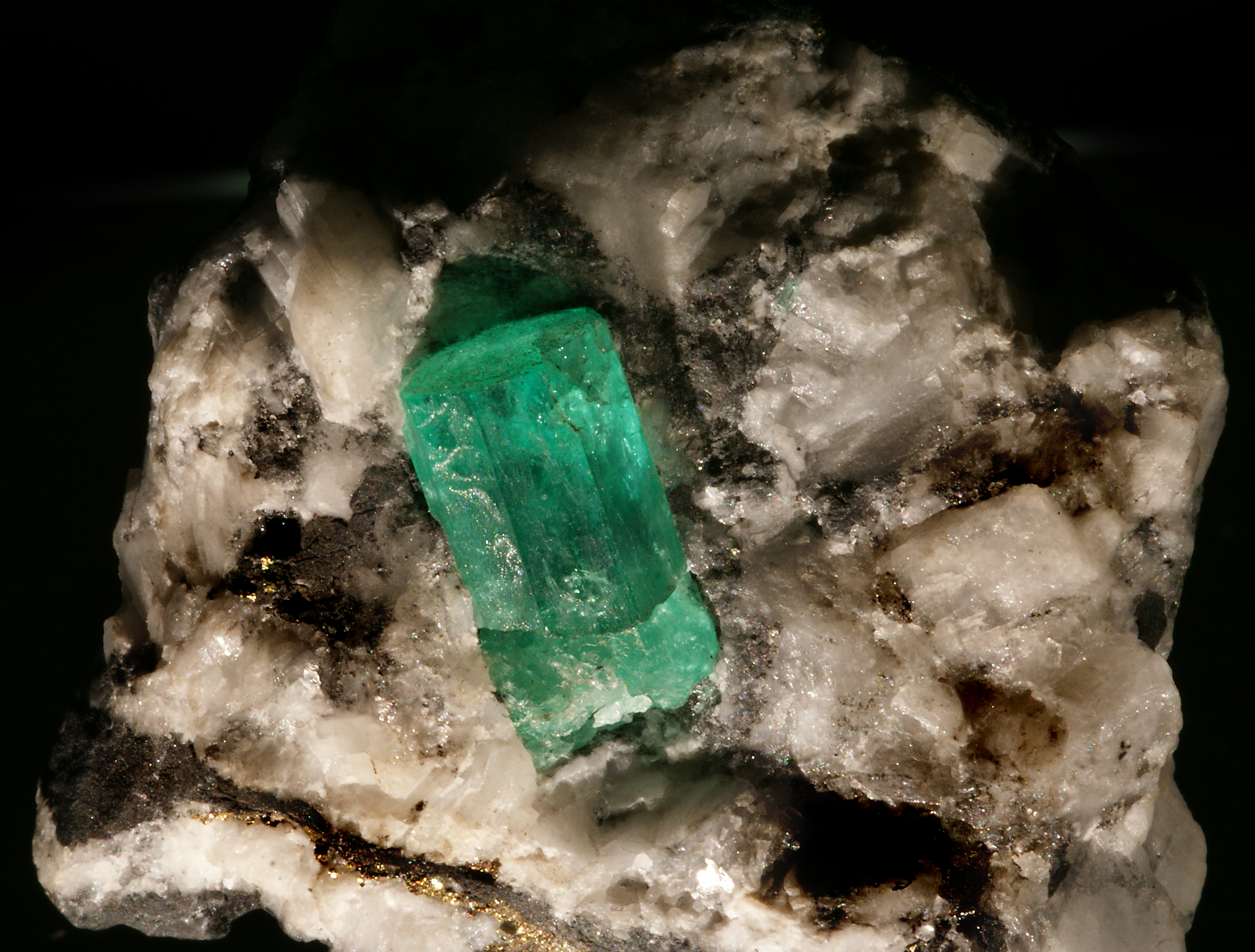 Emerald crystal from Muzo, Colombia — a geological comparison for Colombian emerald source regions, not one of the Panamanian burial stones. Credit: Didier Descouens, Wikimedia Commons, CC BY-SA 3.0