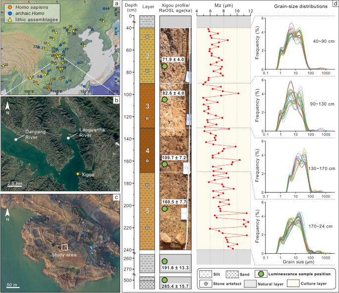 Location, stratigraphy and chronology of the Xigou site — the Nature Communications figure places the stone tools in the Danjiangkou Reservoir Region and a long sequence from about 160,000 to 72,000 years ago. Credit: Li et al., Nature Communications, CC BY 4.0