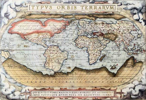 Orteliova mapa světa z roku 1570 pomohla proměnit jednotlivé geografické listy v atlasovou kulturu evropských čtenářů. Kredit: Abraham Ortelius, public domain via Wikimedia Commons