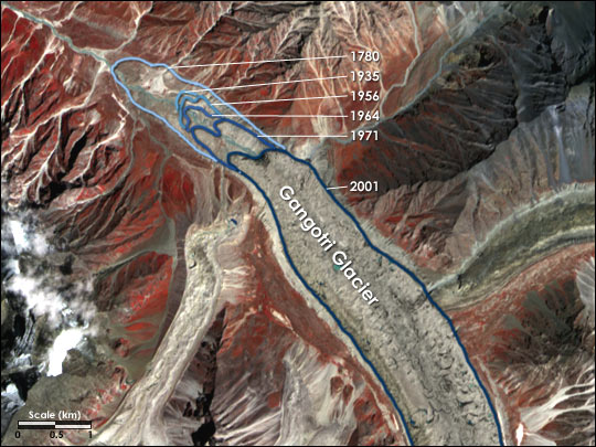Gangotri Glacier, retreat from 1780 to 2001. Photo: NASA Earth Observatory, Wikimedia Commons, Public domain
