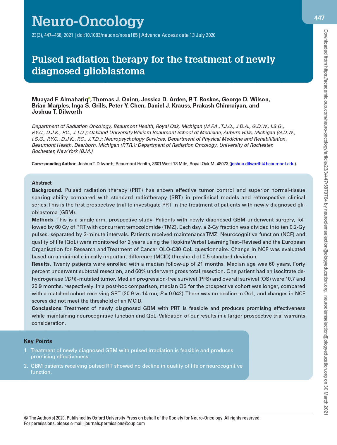 Treatment Of Newly Diagnosed Glioblastoma With Pulsed Rt Feasible With Promising Effectiveness And Maintains Neurocognitive Function And Qol Neurodiem