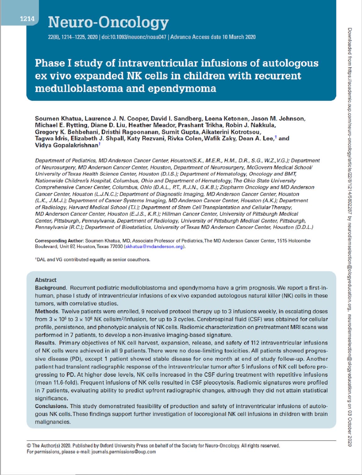 Study Demonstrates Feasibility Of Production And Safety Of Intraventricular Infusions Of Autologous Nk Cells In Children With Brain Malignancies Neurodiem