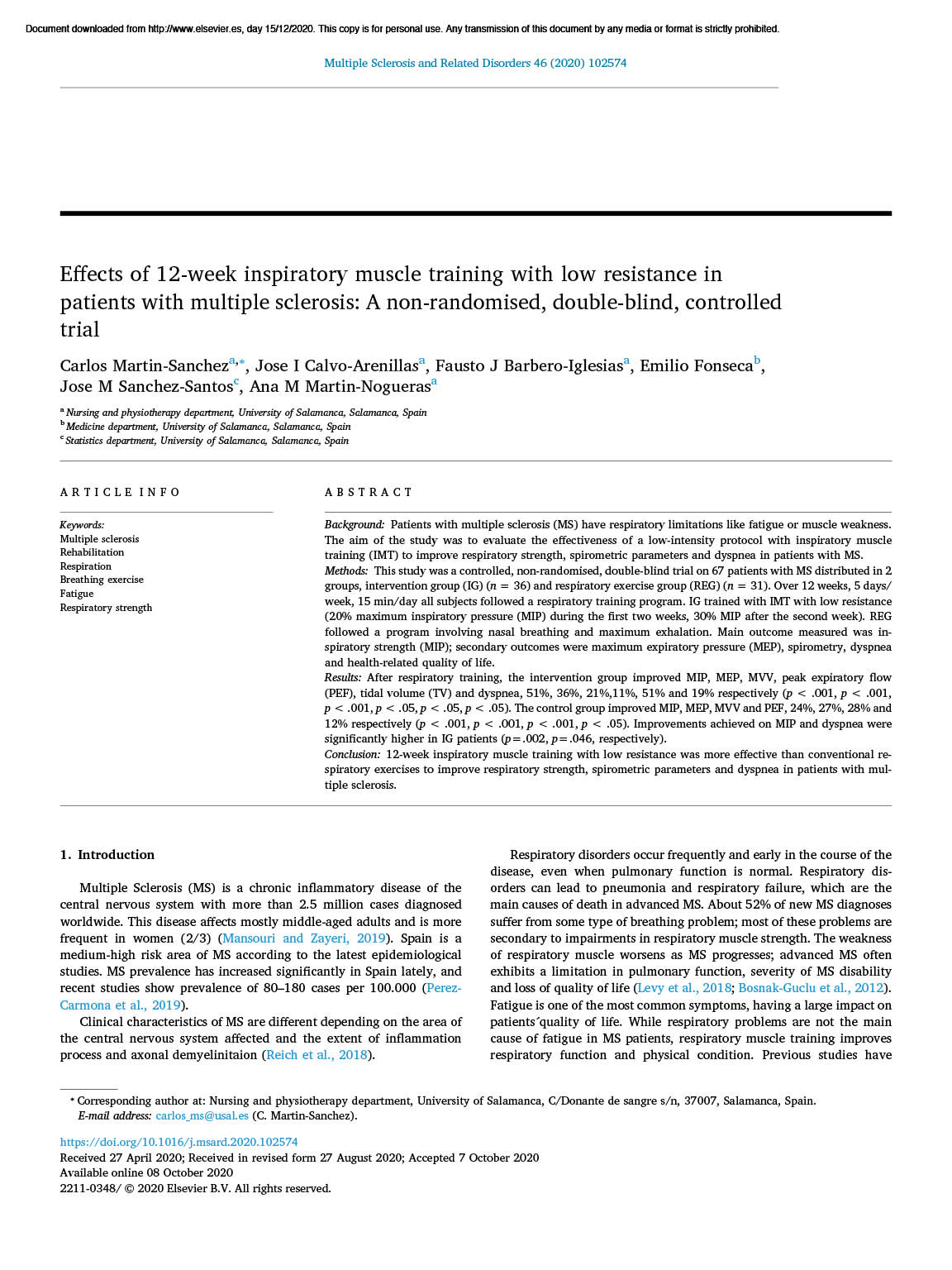 Effects Of 12 Week Inspiratory Muscle Training With Low Resistance In Patients With Multiple Sclerosis A Non Randomised Double Blind Controlled Trial Neurodiem