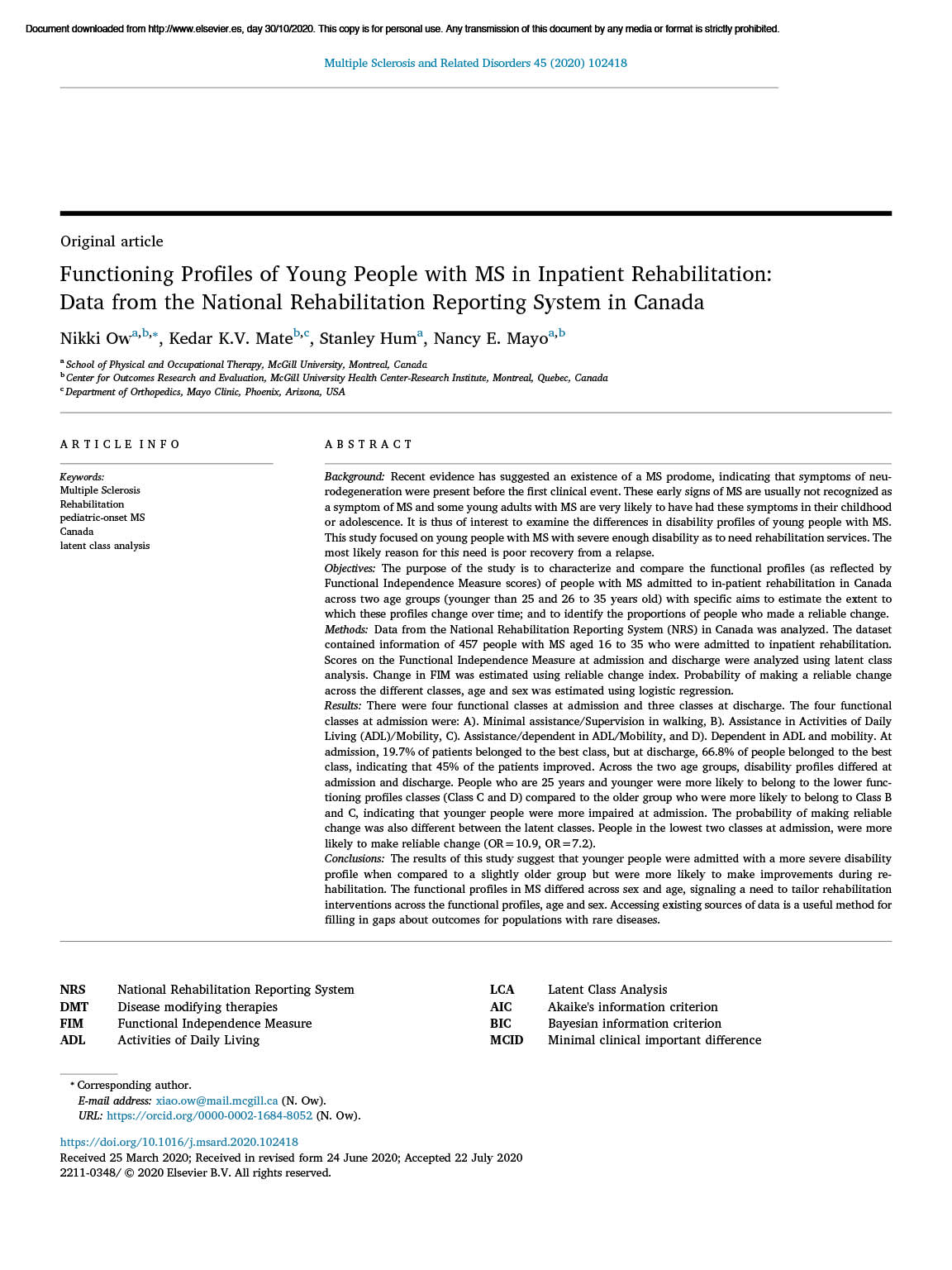 Functioning Profiles Of Young People With Ms In Inpatient Rehabilitation Data From The National Rehabilitation Reporting System In Canada Neurodiem