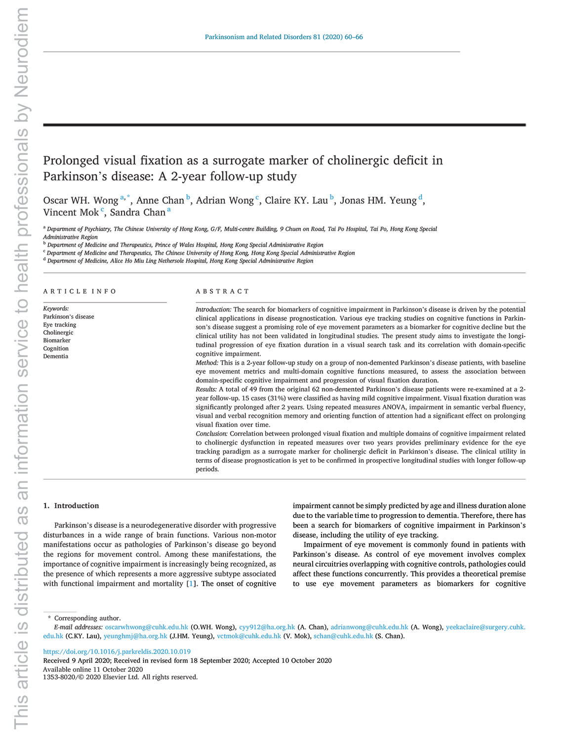 Prolonged Visual Fixation As A Surrogate Marker Of Cholinergic Deficit In Parkinson S Disease A 2 Year Follow Up Study Neurodiem