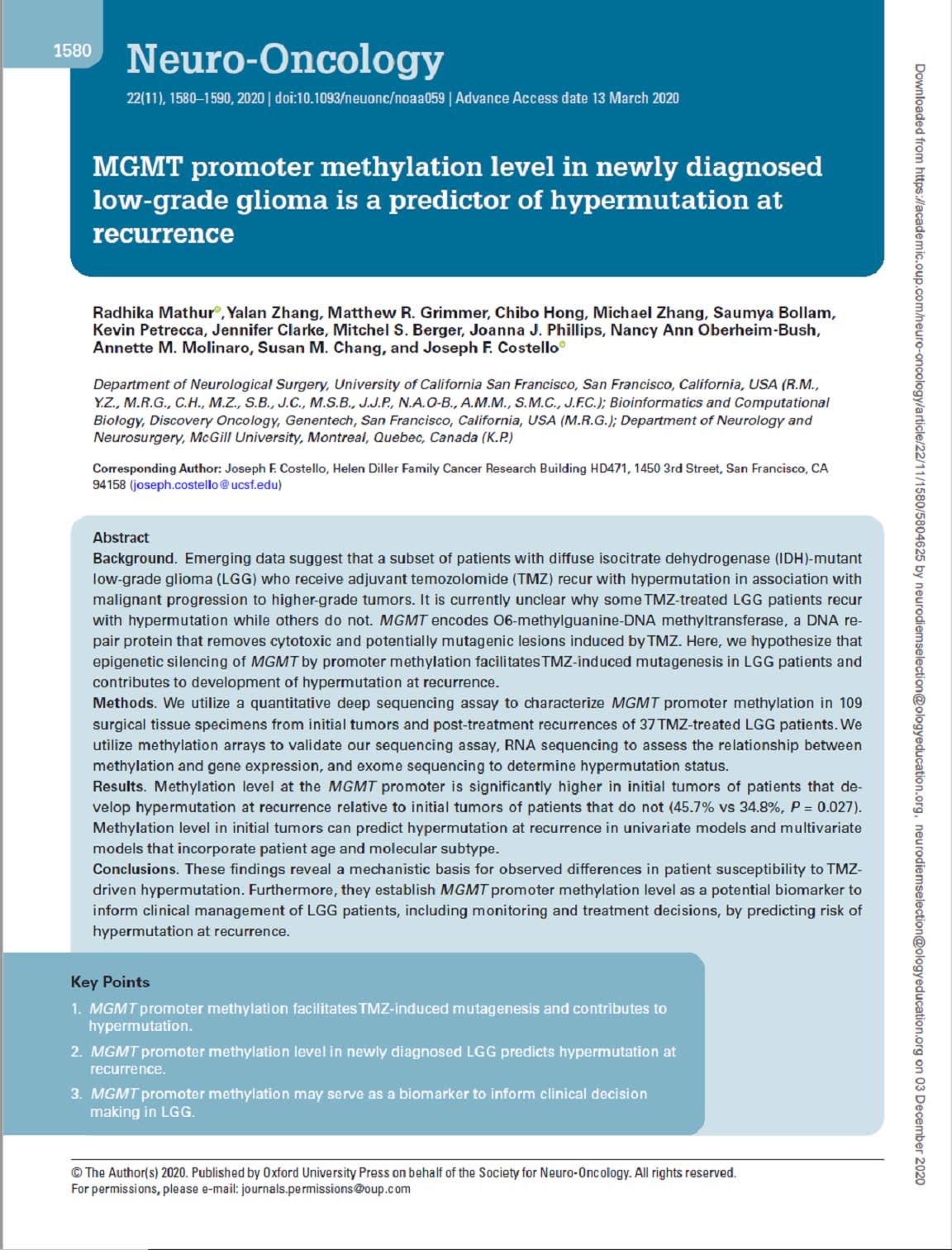By Predicting Risk Of Hypermutation At Recurrence Mgmt Promoter Methylation Level Could Serve As A Biomarker To Inform Clinical Management Of Low Grade Glioma Neurodiem