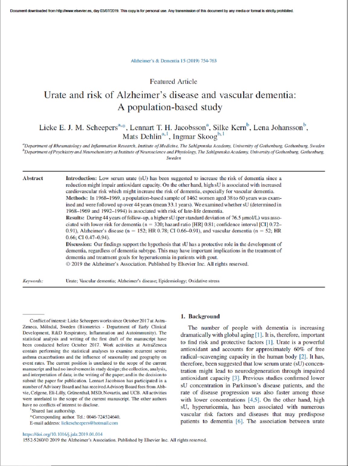 Urate And Risk Of Alzheimer S Disease And Vascular Dementia A