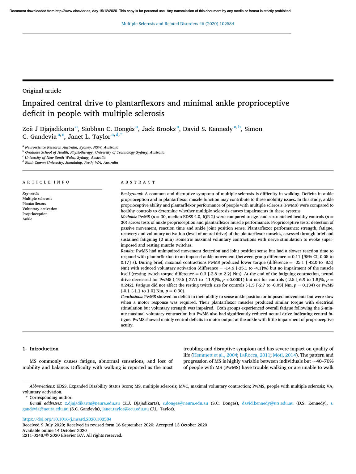Impaired Central Drive To Plantarflexors And Minimal Ankle Proprioceptive Deficit In People With Multiple Sclerosis Neurodiem