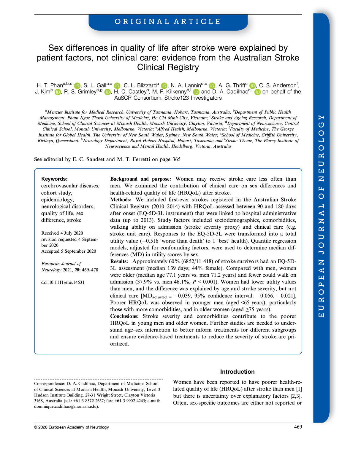 Stroke Severity And Comorbidities Contribute To Poorer Health Related Quality Of Life In Men Younger Than 65 Years And Women Aged 75 Years Or Older Neurodiem