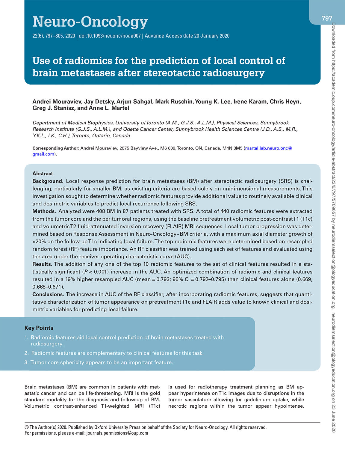 Radiomic Features Help Predict Local Control Of Brain Metastases Treated With Radiosurgery And Are Complementary To Clinical Features Neurodiem
