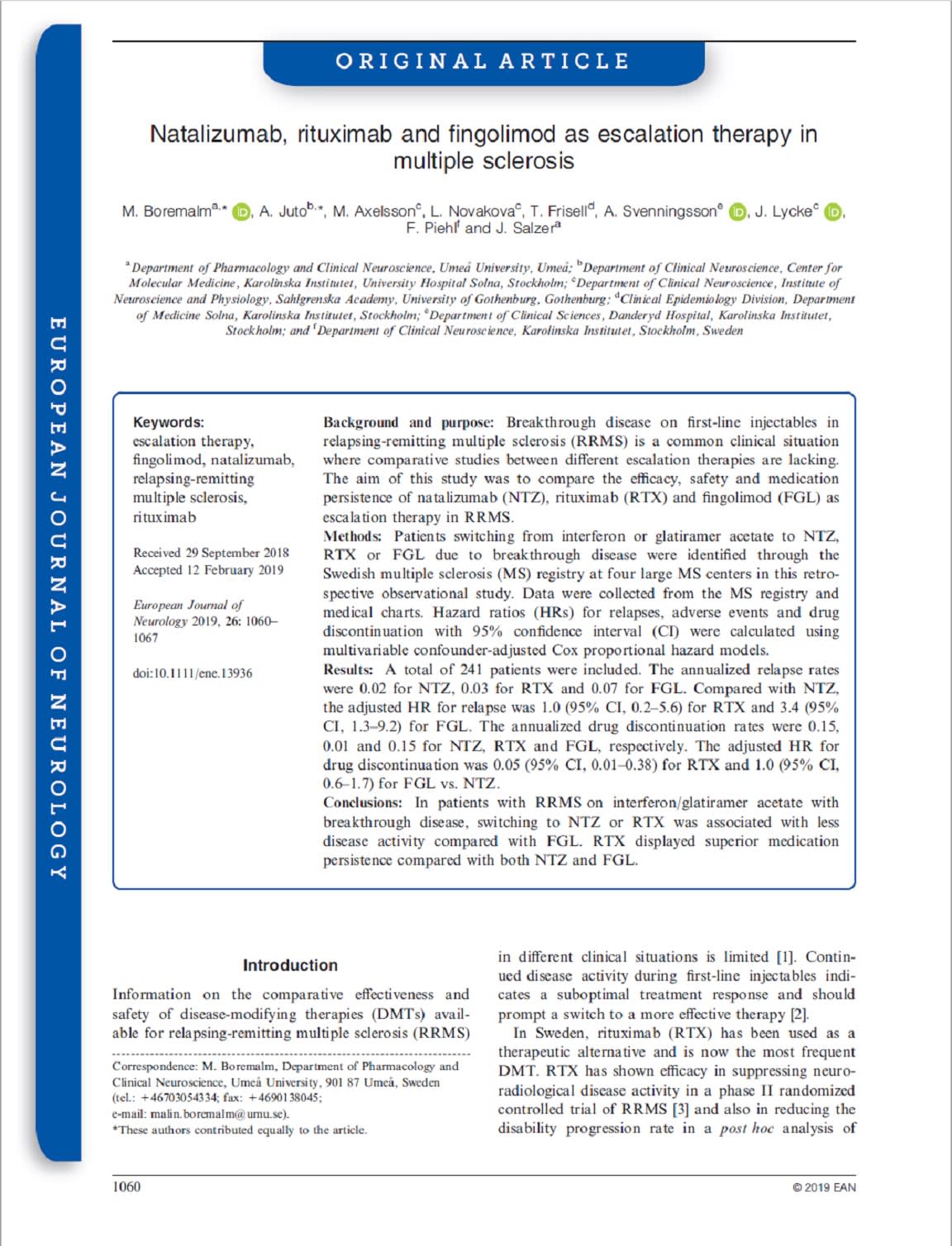 Retrospective Observational Registry Study Compares The Efficacy Safety And Persistence Of Natalizumab Rituximab And Fingolimod In Relapsing Remitting Ms Neurodiem