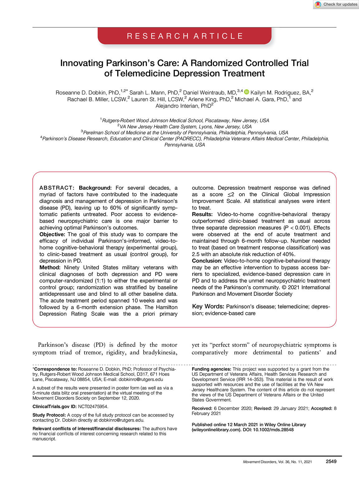 Video-to-home cognitive behavioral therapy: an effective and accessible  intervention to treat depression in Parkinson disease | Neurodiem