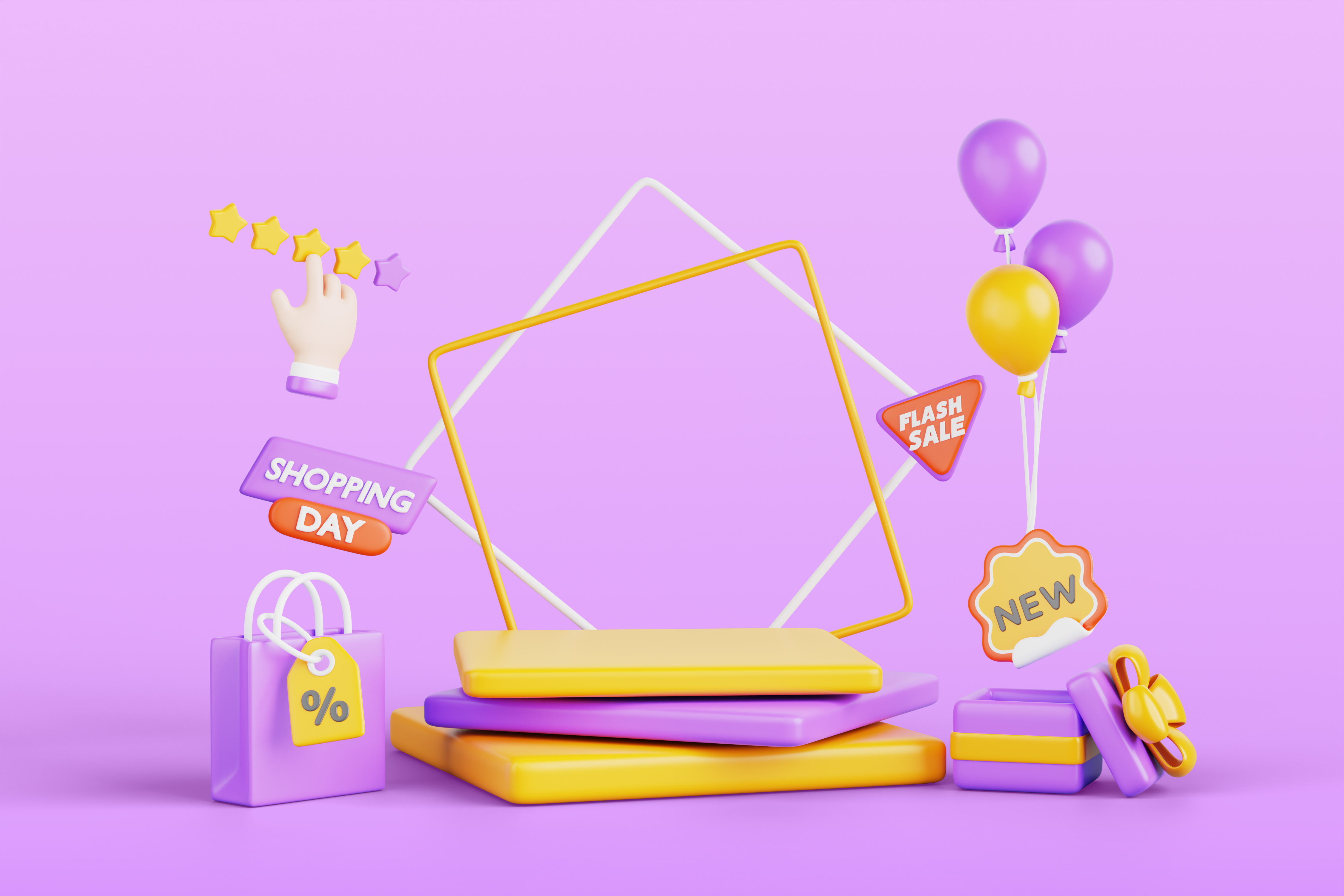 3D-Darstellung von Einkaufselementen auf lila Hintergrund, einschließlich Einkaufstasche, Ballons, Geschenken und 'Flash Sale'-Schildern.