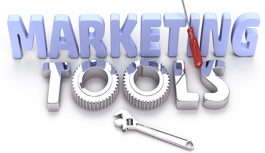 A sign saying "marketing tools" and the word tools looks like different tools you would see in a tool kit.