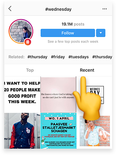 The Recent tab on the hashtag page has every post using that hashtag in order. (Source: Author) 