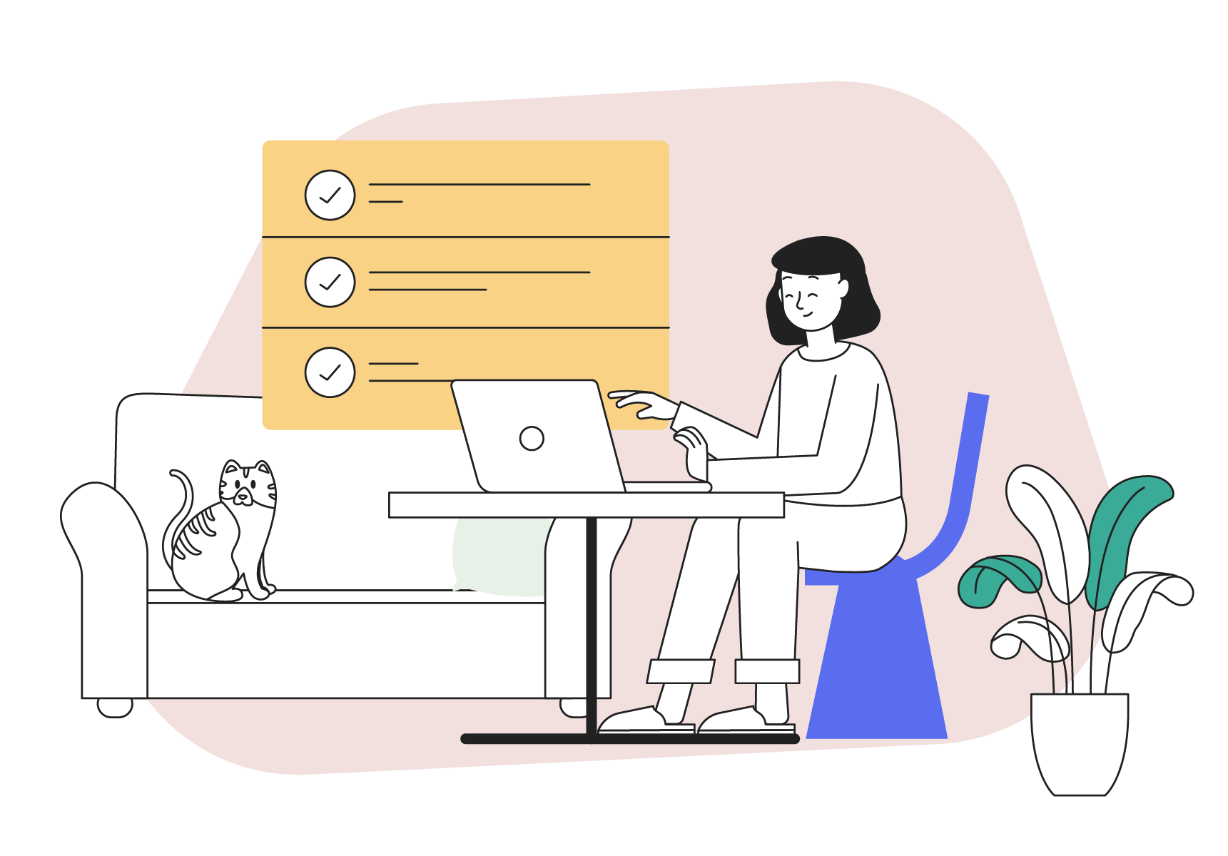 Women and cat working from home with a schedule and plant.