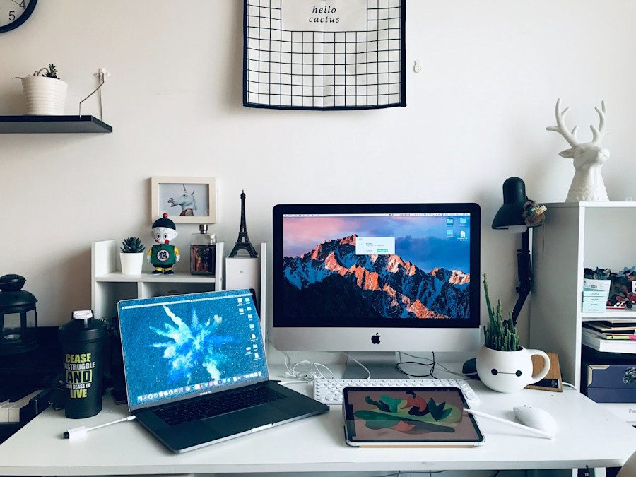 Home work desk setup laptop desktop ipad