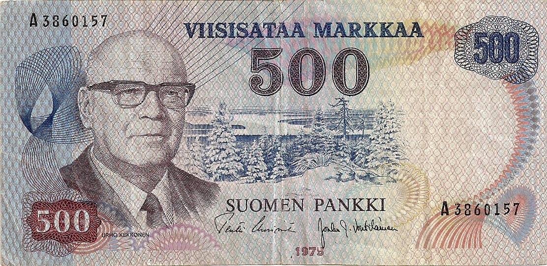 500 markan seteli vuodelta 1975. Kekkonen.