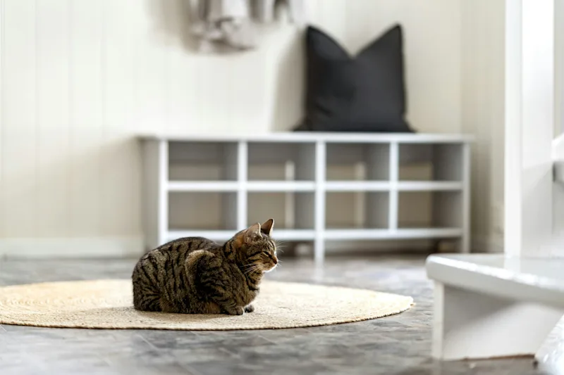 Striped, brown tabby cat on a rug, indoors.