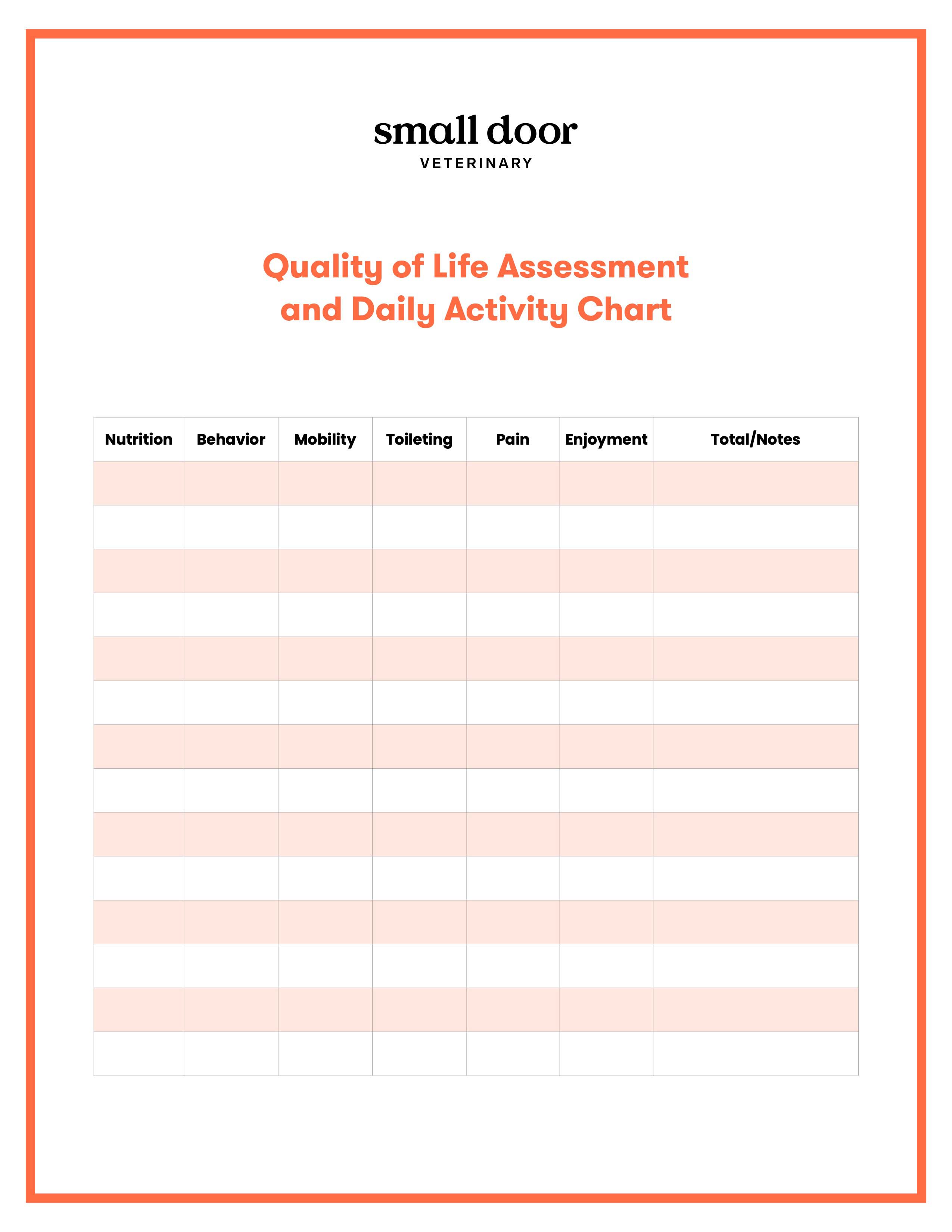 Small Door Quality of Life Assessment and Daily Activity Chart
