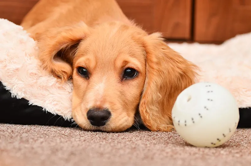 Sad dog with worms lying down