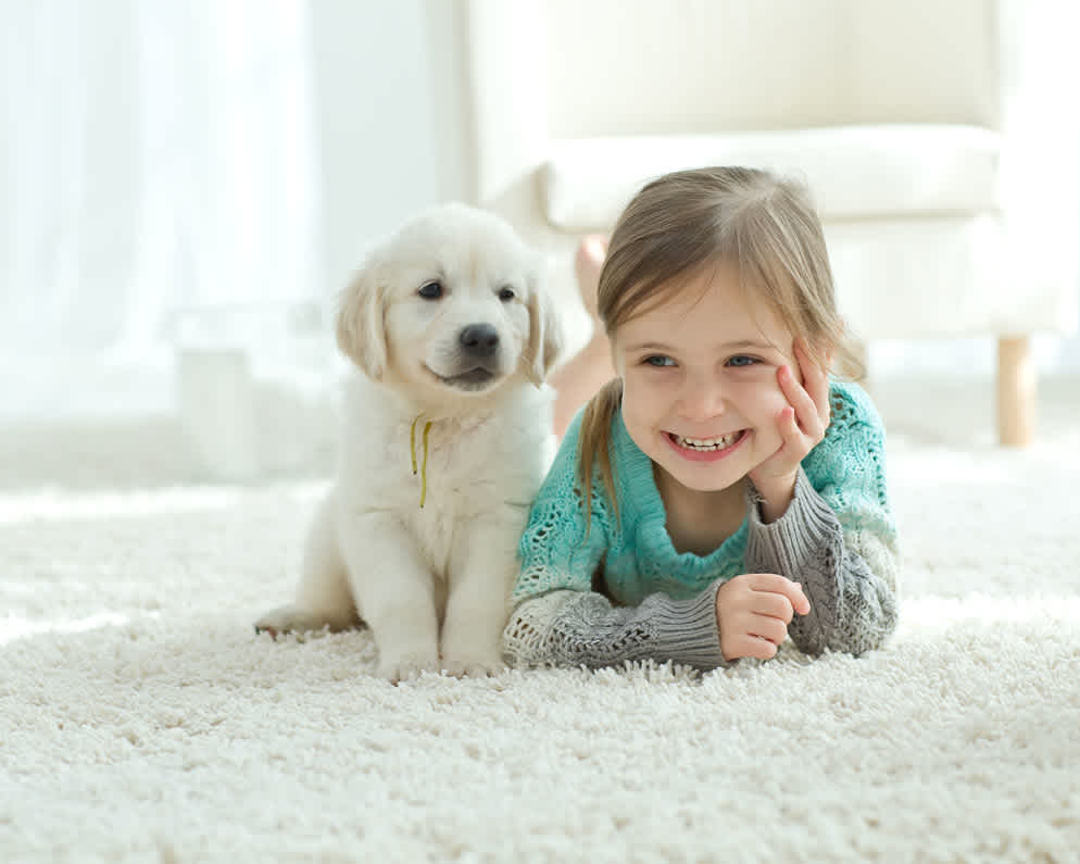 Toddler and puppy laying on floor