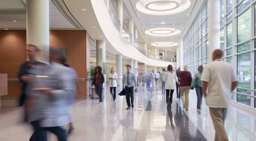 People walking in a business hallway