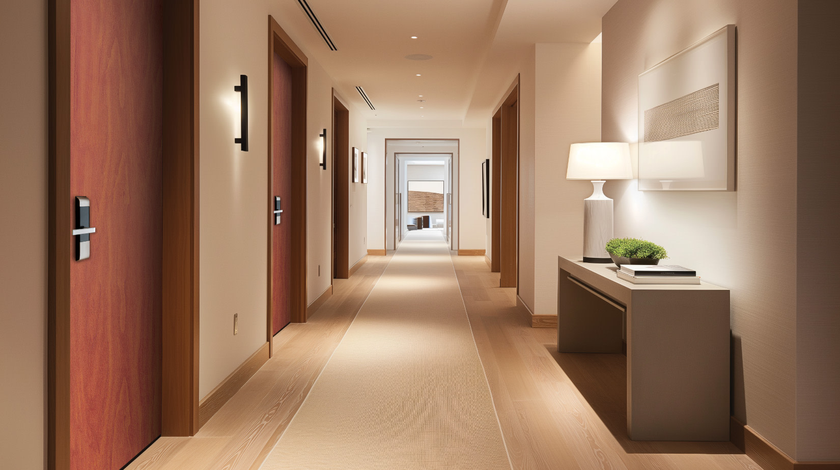 A hotel hallway with Forte Openings laminate doors