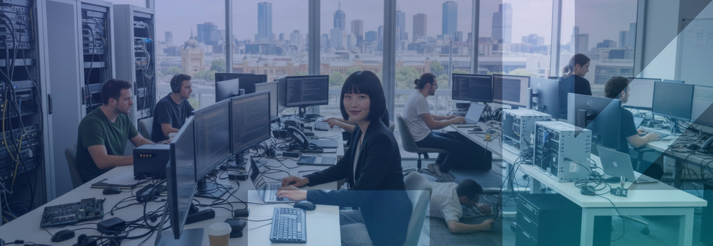 A busy IT office in Melbourne CBD with a central female figure and many people working around her doing IT tasks.