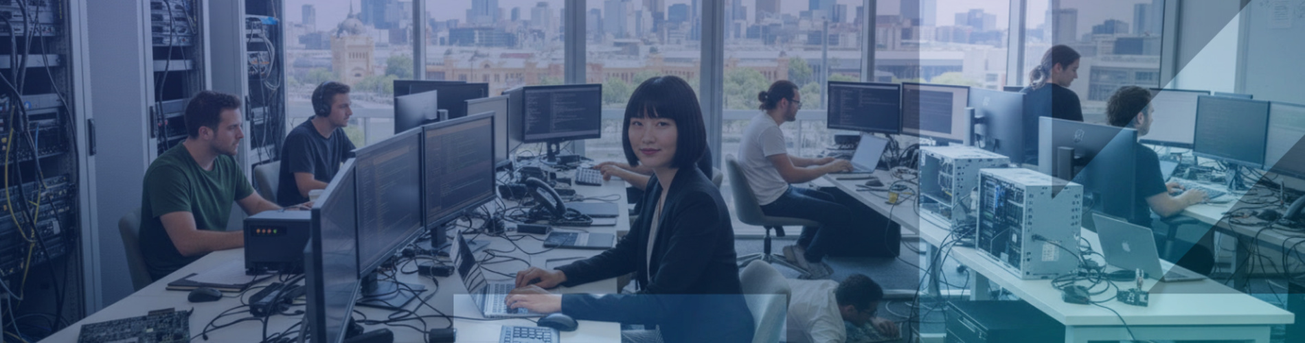 A busy IT office in Melbourne CBD with a central female figure and many people working around her doing IT tasks.