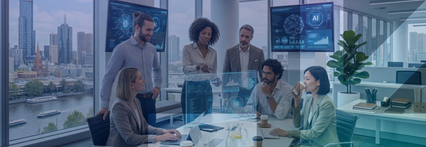 Executive AI Readiness: What Leaders Must Put in Place to Scale AI in 2026 hero image with a group of professionals in meeting examining  and discussing AI technology