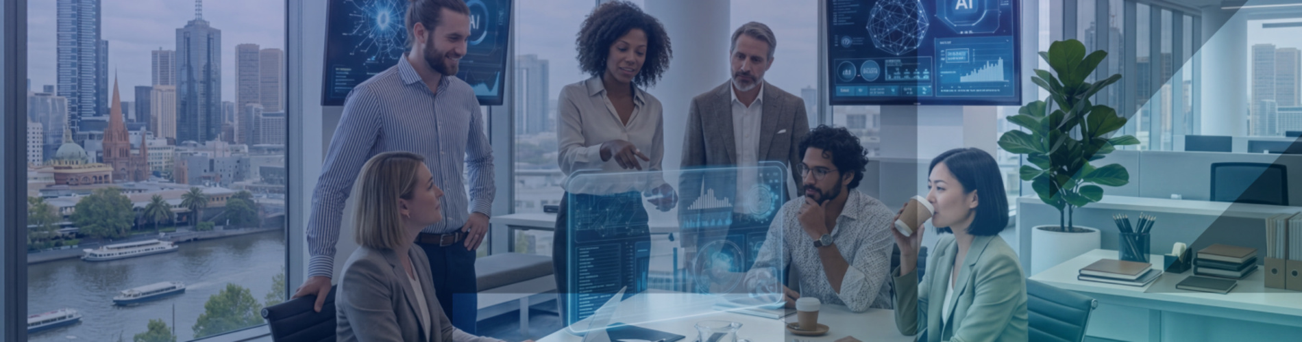 Executive AI Readiness: What Leaders Must Put in Place to Scale AI in 2026 hero image with a group of professionals in meeting examining and discussing AI technology