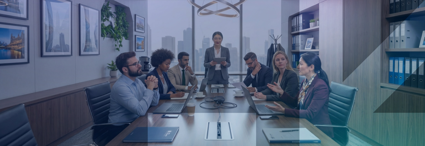 A group of male and female executives in a boardroom conducting a meeting over a large table with the cityscape in the background. 