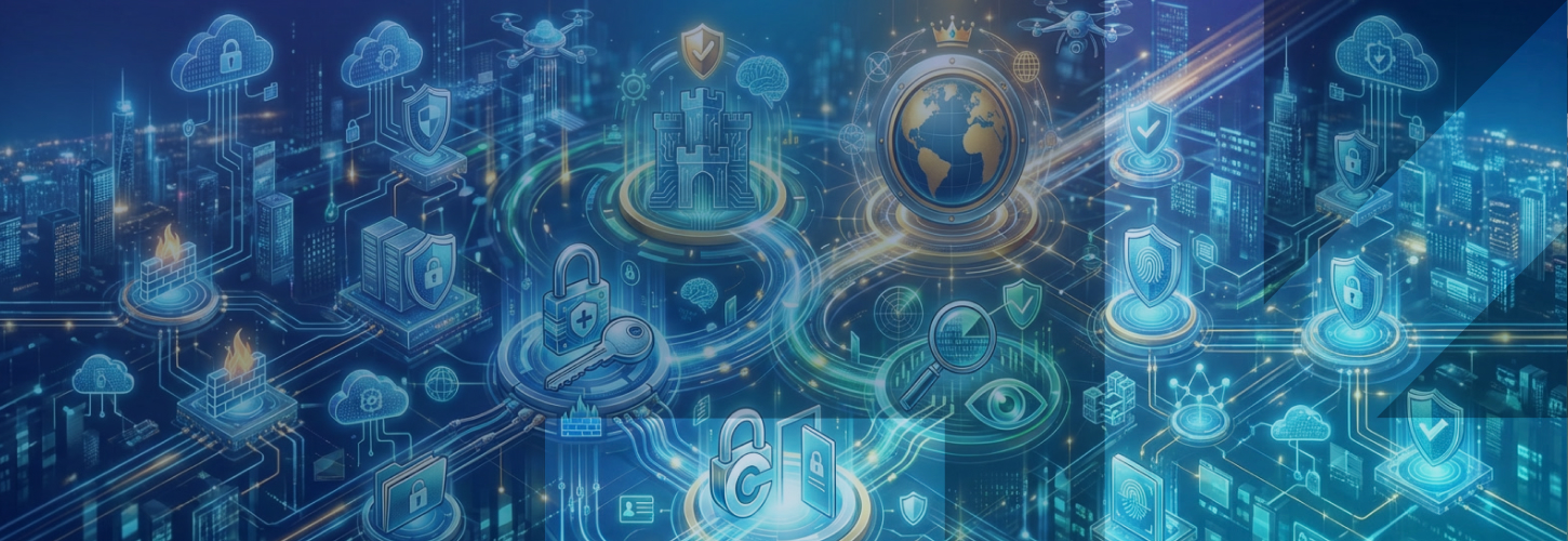 Cyber Security Technology Banner featuring symbols and connectivity featuring locks, keys, drones, servers and other iconography