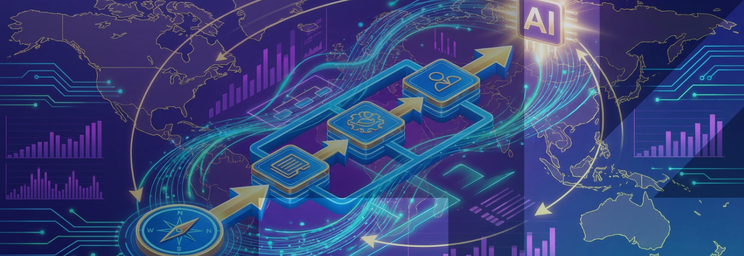 AI Hero Banner with icons, arrows and a map underlay showing the movement of information and data across the globe using AI