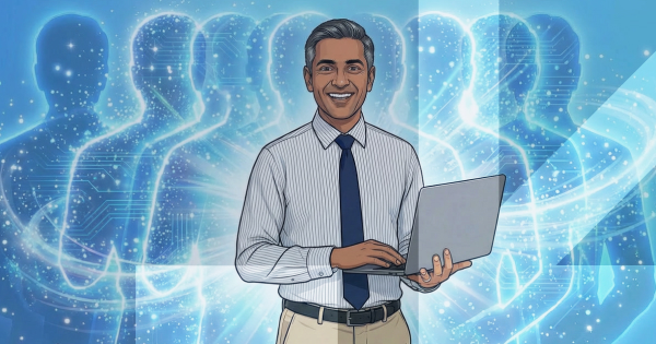 AI Man in Action working with AI on his Laptop