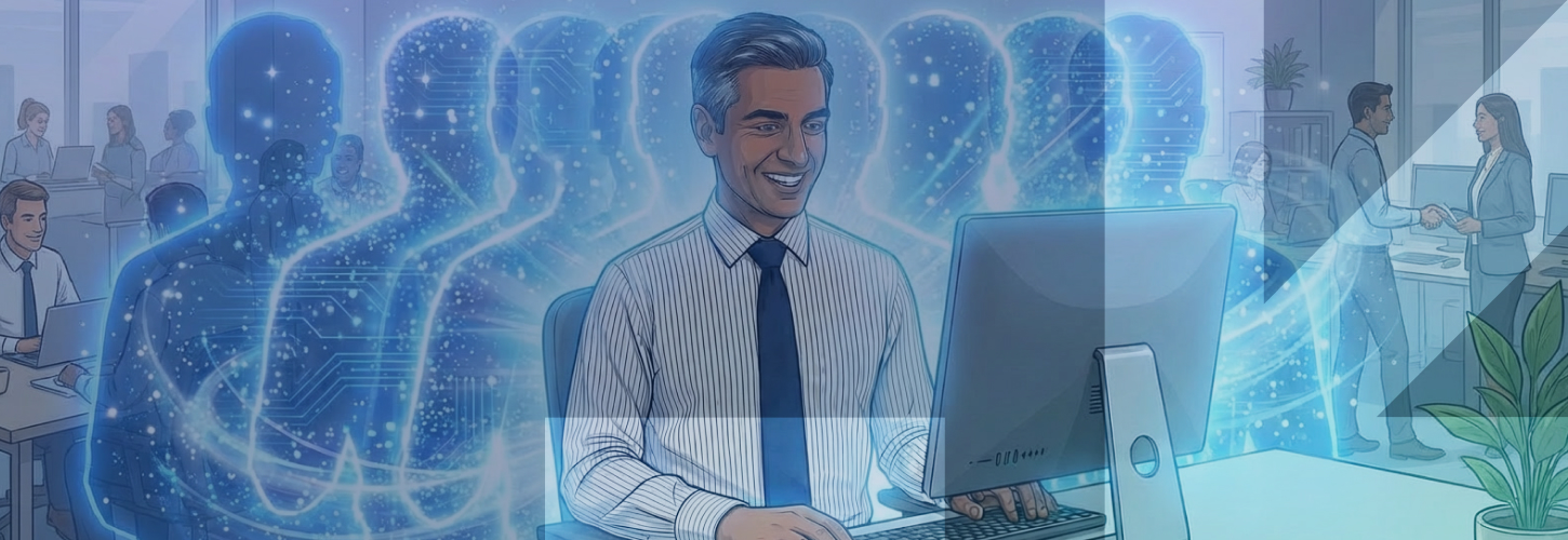 AI in Action Man working on his computer showing how using AI multiplies his abilities