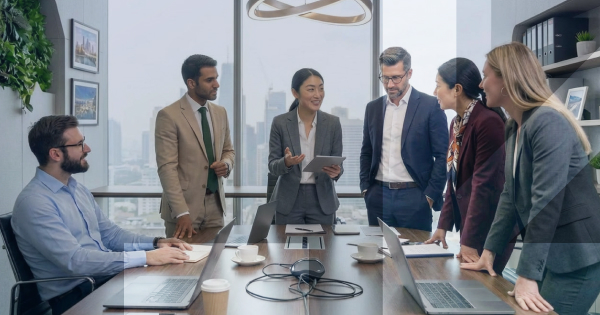 A group of executives standing and sitting around a boardroom table conducting a discussion in a city building. 