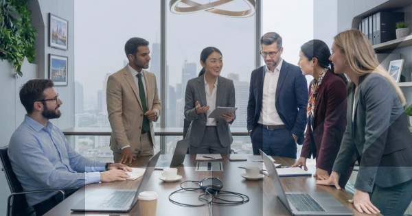 A group of executives standing and sitting around a boardroom table conducting a discussion in a city building.