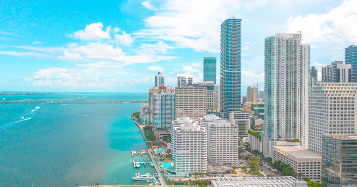 Aerial view of skyline facing Biscayne Bay from Brickell neighborhood in Miami, Florida