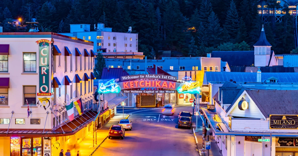 Ketchikan Alaska Night view of downtown