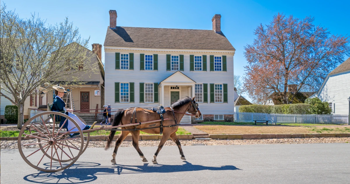 Woman riding in a horse-drawn carriage in old-time Williamsburg