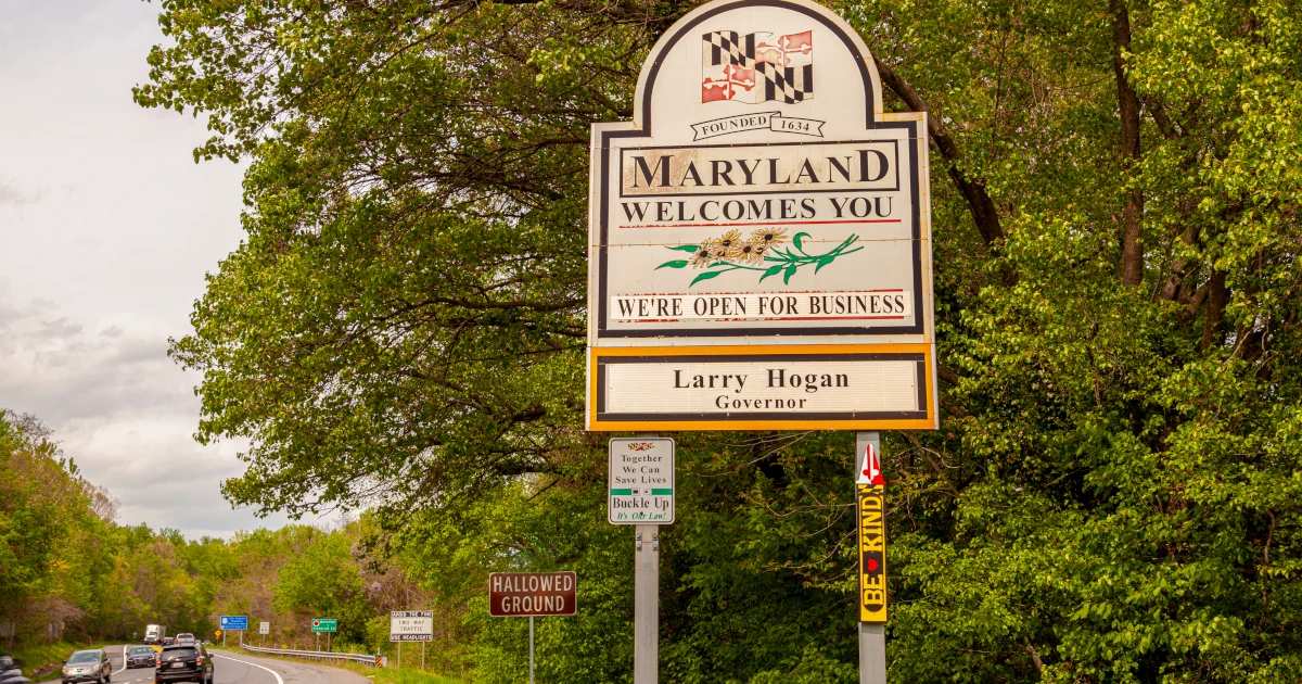 Welcomes You road sign on the scenic byway US Route 15 at the border of Maryland and Virginia
