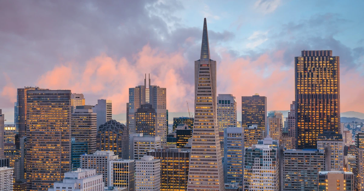 Beautiful view of business center in downtown San Francisco California at sunset