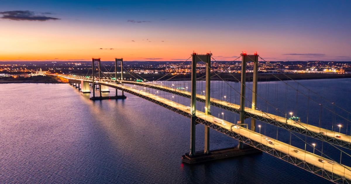 Aerial view of Delaware Memorial Bridge at dusk